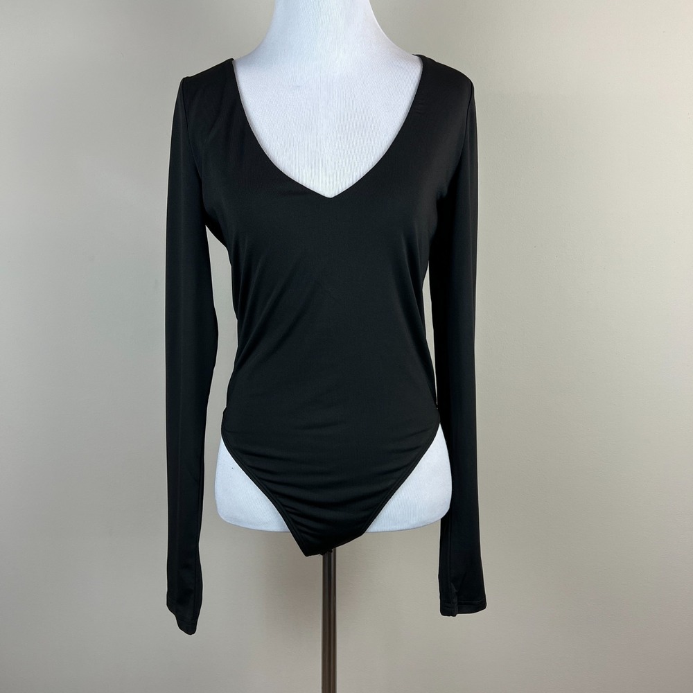 Mittoshop Bodysuit Women Medium Black Deep V-Neck Long Sleeve Fitted Stretch New
